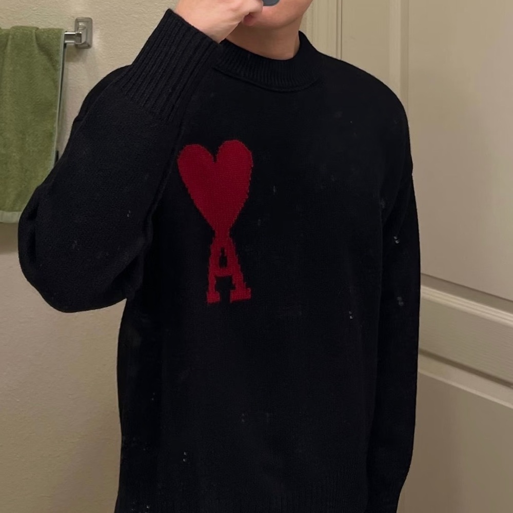 Ami Black Crewneck Sweater with Red Heart